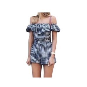 Joy Joy Navy and White Checkered Off-Shoulder Romper   can wear on shoulders